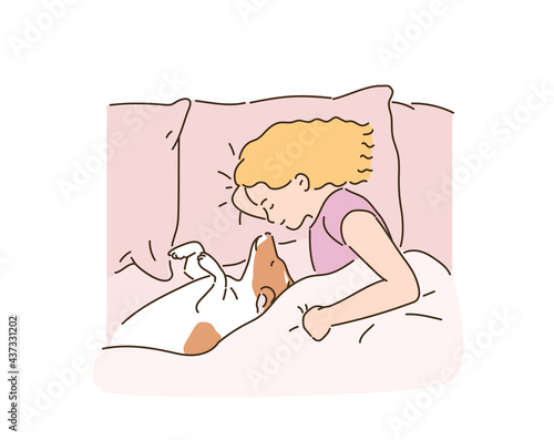 Cute little girl is sleeping in bed with her dog. hand drawn style vector design illustrations. 