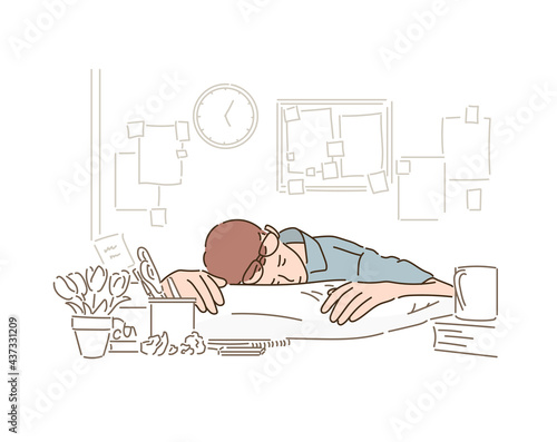 A man in glasses is sleeping on the desk.hand drawn style vector design illustrations. 