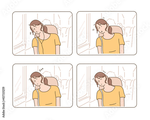 Tired woman leaning on the bus and dozing off. repeated images. hand drawn style vector design illustrations. 