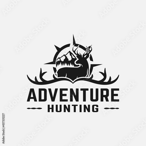 Deer Antler Compass Mountain for Adventure Outdoor Hiking Camping Hunting Sport Gear Business Brand Community Club Classic Unique Hipster Retro Rustic Vintage Silhouette Badge Logo Design Template.