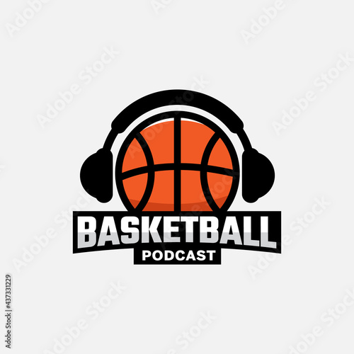 BasketBall with Headphone Logo Design Template. Suitable for Basketball Sport Streaming Podcast Broadcast Radio Channel Business Brand Simple Modern Logo Design.