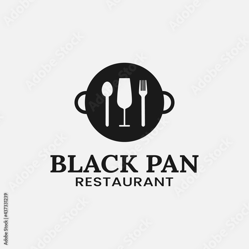 Vintage Pan with Glass Spoon Fork for Restaurant Logo Design Template. Suitable for Restaurant Bar Kitchen Cafe Catering Business Brand Company Logo Design.