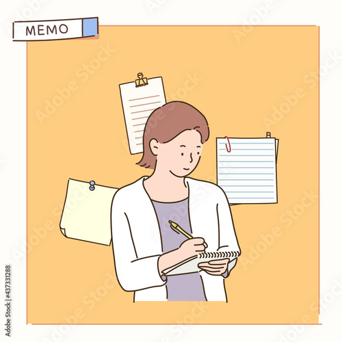 A woman is taking notes in her notebook. hand drawn style vector design illustrations. 