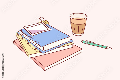 Notebooks are piled up on the desk, coffee cups and pens are on it. hand drawn style vector design illustrations. 