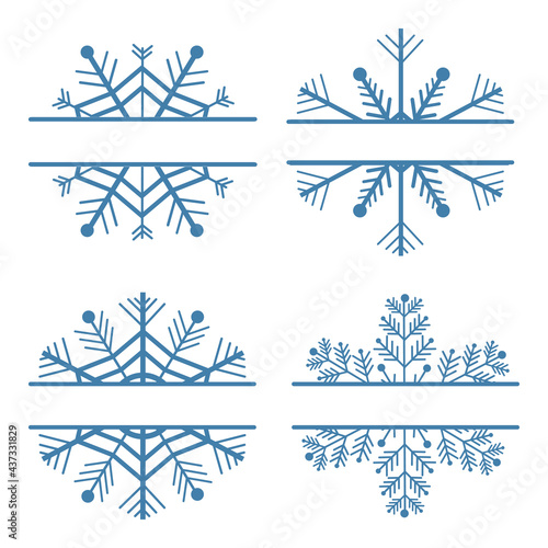 Set decoration snowflake frame, monogram for text, cutout, line isolated on white background. Christmas holidays, winter symbol, greeting. 