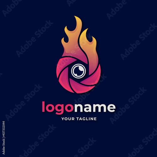 fire flame lens logo. with circle fire flame shape and gradient red and orange logo. lens diaphragm logo illustration