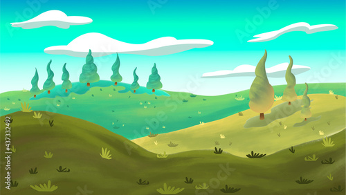 Campo verde, soleado, cartoon, vectores, pintura.