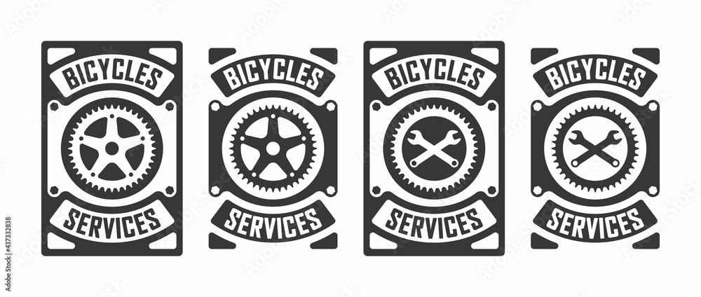Set of black and white illustrations of gear, crossed wrenches and text on the background. Vector illustration in vintage style for poster, emblem, sticker, label, badge. Bicycle service. Workshop. Set of black and white illustrations of gear, crossed wrenches and text on the background. Vector illustration in vintage style for poster, emblem, sticker, label, badge. Bicycle service. Workshop.