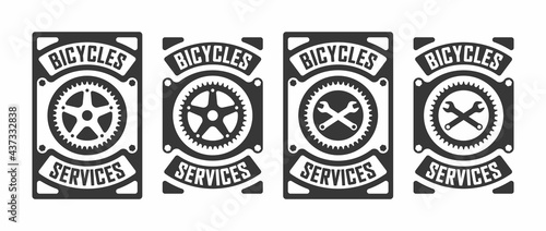 Set of black and white illustrations of gear, crossed wrenches and text on the background. Vector illustration in vintage style for poster, emblem, sticker, label, badge. Bicycle service. Workshop.