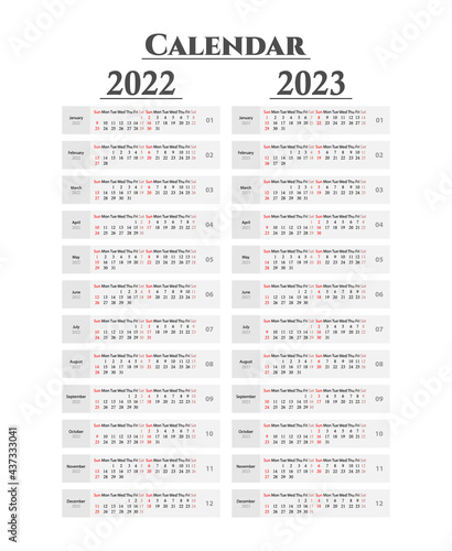 Calendar 2022 and 2023 year. Calendar 2022 and 2023 starting from Sunday. Vector illustration. Flat