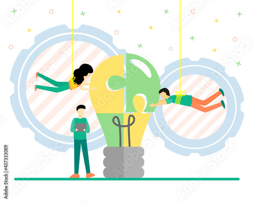 Businessman and his teammates working together to connect jigsaw of light bulb. Creative thinking, new innovation, teamwork concept.