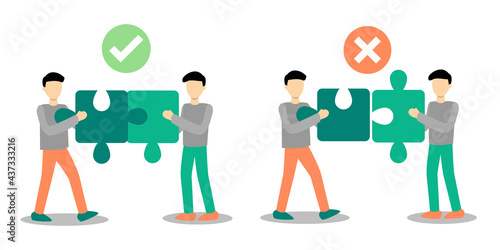 2 Businessman assembling jigsaw in right way and wrong way. teamwork concept, Being partnership, Deal contract concept