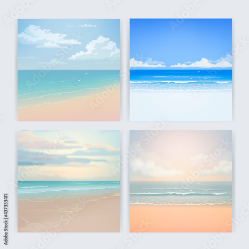 Set of vector beautiful realistic illustration of sandy summer beach. Summer holidays square banner design template