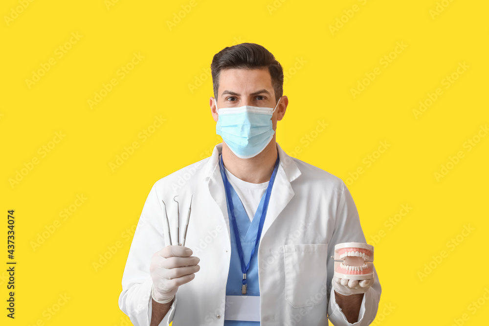 Male dentist in mask with plastic jaw model and tools on color background Male dentist in mask with plastic jaw model and tools on color background