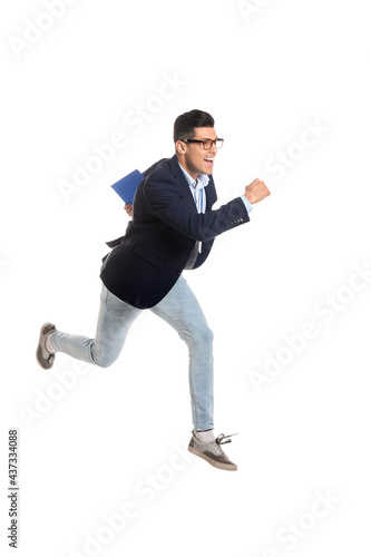 Jumping handsome man with c...