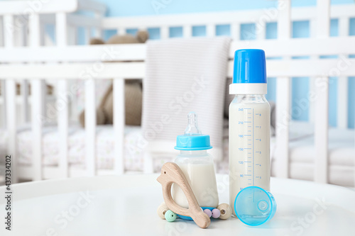 Bottles of milk for baby on...