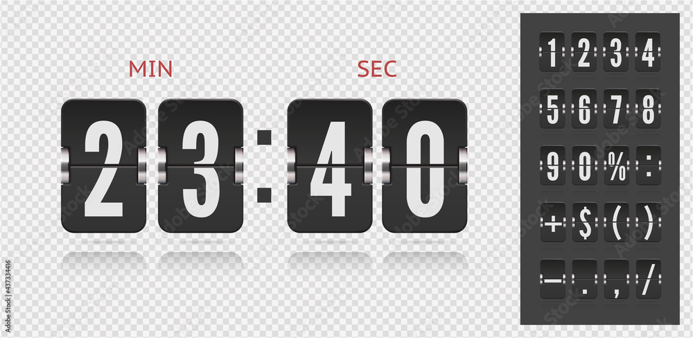 Flip countdown number ans symbols with reflections isolated on transparent background. Vector illustration template. Vintage flip clock time counter vector template. Scoreboard number font. Flip countdown number ans symbols with reflections isolated on transparent background. Vector illustration template. Vintage flip clock time counter vector template. Scoreboard number font.