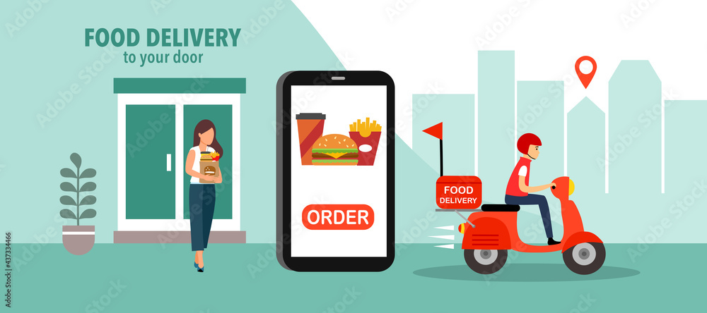 Online food order and food delivery to your door service. Uber eat, grab  food, fast food design for landing page, web, poster, flyer. Ready meal  logistic with city skyline background. Stock Vector