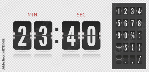 Flip countdown number ans symbols with reflections isolated on transparent background. Vector illustration template. Vintage flip clock time counter vector template. Scoreboard number font.