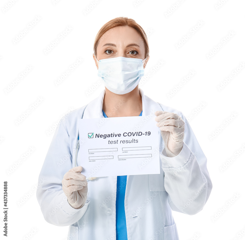 Doctor with negative covid-19 test result on white background Doctor with negative covid-19 test result on white background
