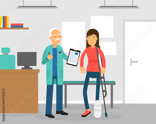 Disabled Woman with Leg Fracture Having Bandage Visiting Doctor at Hospital Vector Illustration