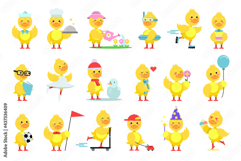 Fototapeta premium Funny Yellow Duckling Reading Book and Roller Skating Vector Set
