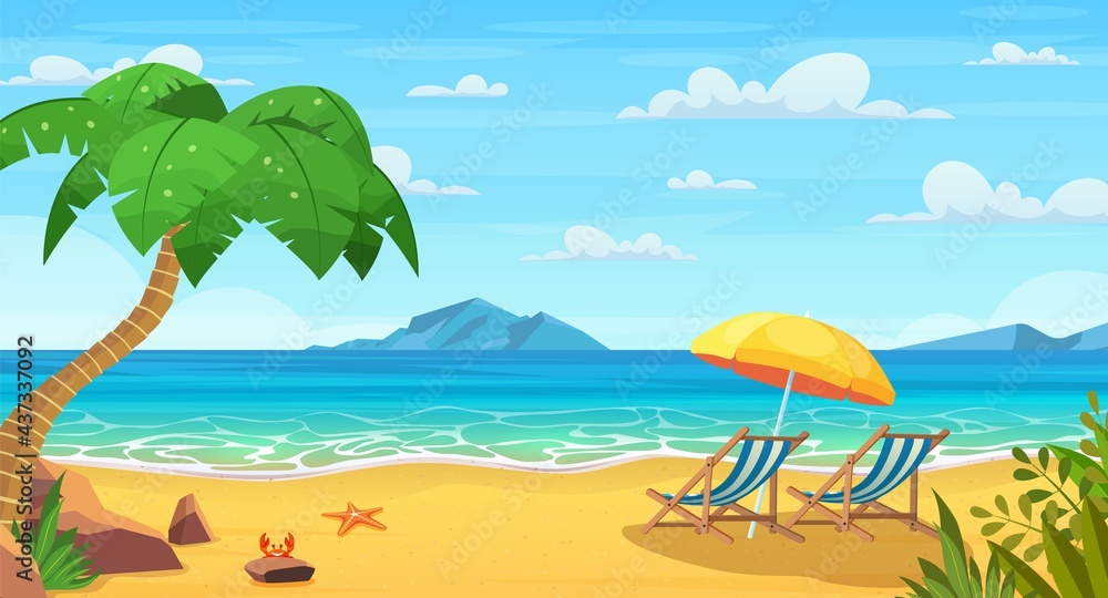 Sea beach and sun loungers. vector de Stock | Adobe Stock