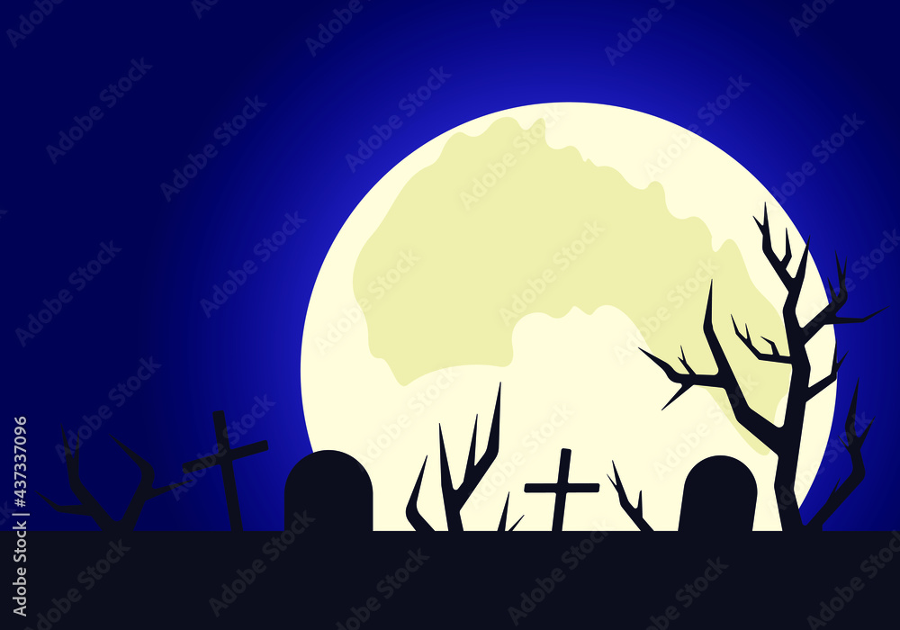 Tombstones and gloomy silhouettes of trees against the moon. Halloween. Vector illustration.