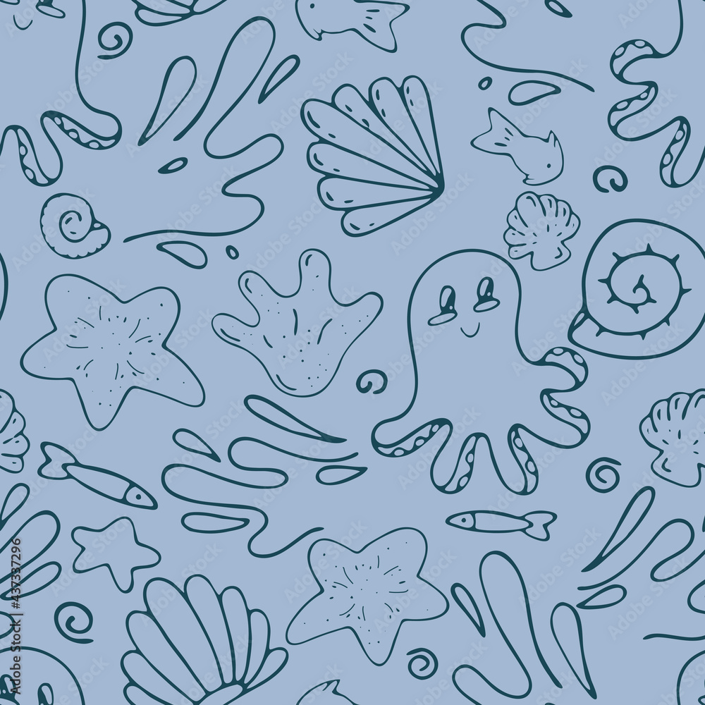 blue seashells, fish, octopus, waves, vector seamless pattern of doodle elements on light blue background