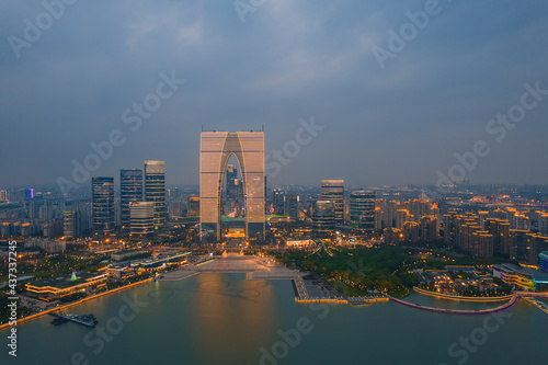 Aerial view of the skyline in Suzhou at night.