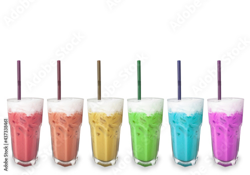 Soft rainbow color drink beverage in glass row on whtie background.
