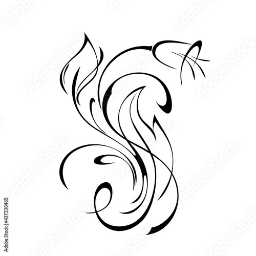 ornament 1798. decorative element with one stylized bell flower on a curved stem with leaves and curls in black lines on a white background