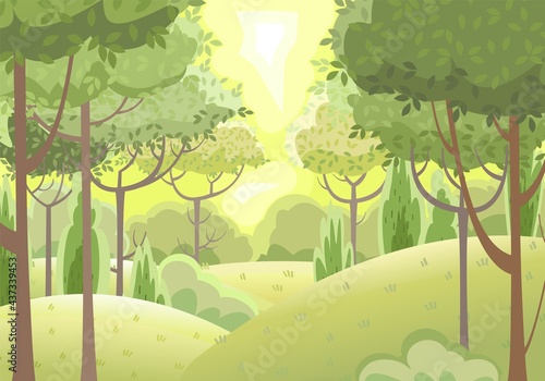 Amusing beautiful forest landscape. Leaves. Cartoon style. Grass hills. Rural natural look. Cool romantic pretty. Flat design illustration. Vector art