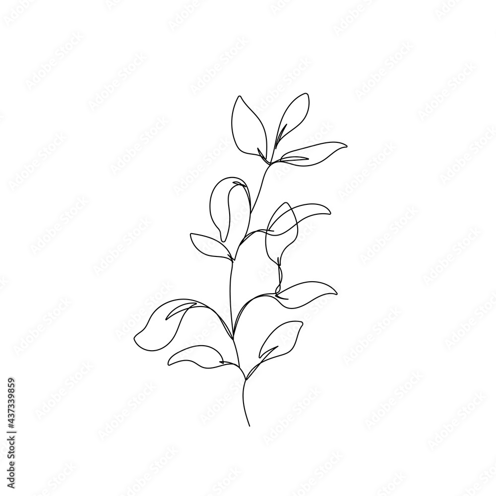 One Line Drawing Vector Leaves Branch. Botanical Modern Single Line Art, Aesthetic Contour. Perfect for Home Decor, Wall Art, Posters, Tote bag or T-shirt Print, Sticker, Mobile Case, Social Media.