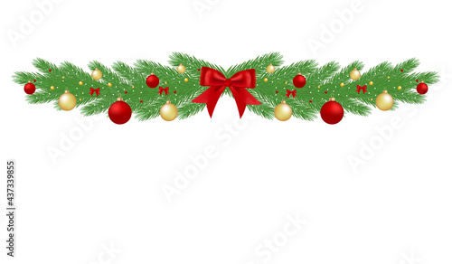 Christmas decorations. Green branches of a Christmas tree with red and gold balls on a white background. Christmas decoration. vector illustration