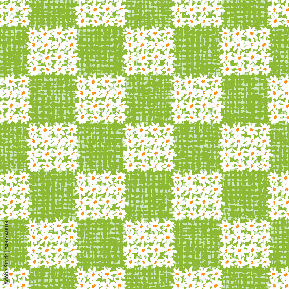 Vector green fun daisy flowers chequerboard squares repeat pattern with canvas background. Suitable for textile, gift wrap and wallpaper. Vector green fun daisy flowers chequerboard squares repeat pattern with canvas background. Suitable for textile, gift wrap and wallpaper.
