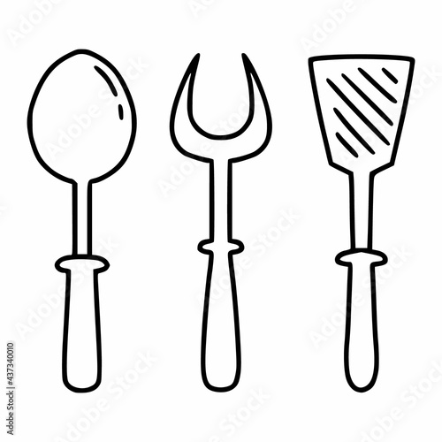 Cutlery for cooking in  kitchen. Spoon  fork  and spatula. Vector icon in  doodle style.