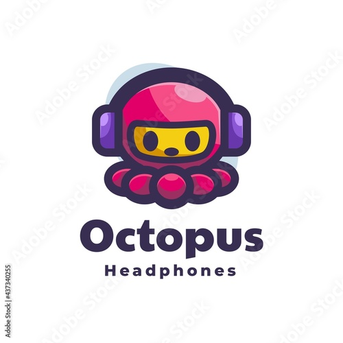 Vector Logo Illustration Octopus Headphone Simple Mascot Style.