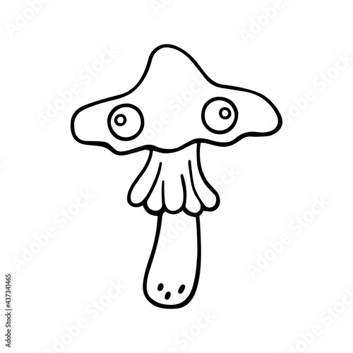 Cute and funny mushroom, fly agaric with eyes. Hallucinatory mushroom, psychedelic. Halloween theme. Hand-drawn vector illustration in the doodle style. For card, sticker, Halloween, coloring pages.