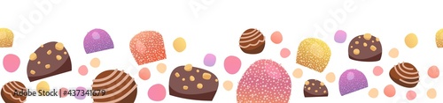 Sweets with hazelnuts. Nuts. Assorted dessert chocolate and marmalade. Candy caramel, jelly. Isolated. Bottom seamless border. Flat Background illustration. Vector