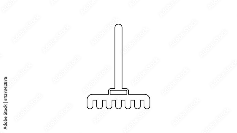 Black line Garden rake icon isolated on white background. Tool for horticulture, agriculture, farming. Ground cultivator. Housekeeping equipment. 4K Video motion graphic animation Black line Garden rake icon isolated on white background. Tool for horticulture, agriculture, farming. Ground cultivator. Housekeeping equipment. 4K Video motion graphic animation
