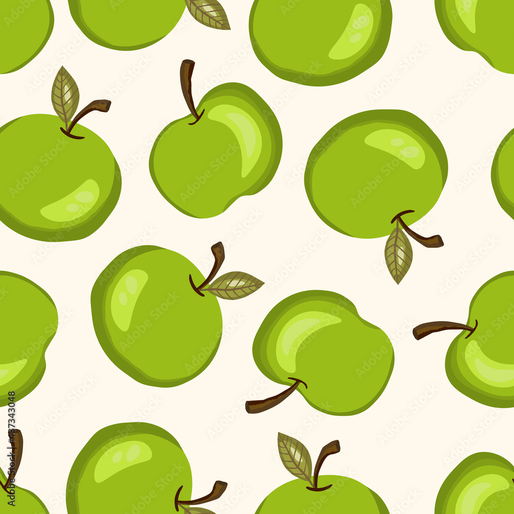 Seamless pattern with apple on white background. Natural delicious fresh ripe tasty fruit. Vector illustration for print, fabric, textile, other design. Stylized apples with leaves. Food concept Seamless pattern with apple on white background. Natural delicious fresh ripe tasty fruit. Vector illustration for print, fabric, textile, other design. Stylized apples with leaves. Food concept