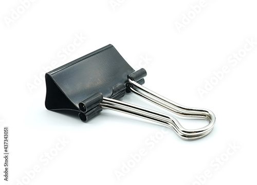  Close up of black paper clip, Bulldog clip for office stationery, Isolated on white background