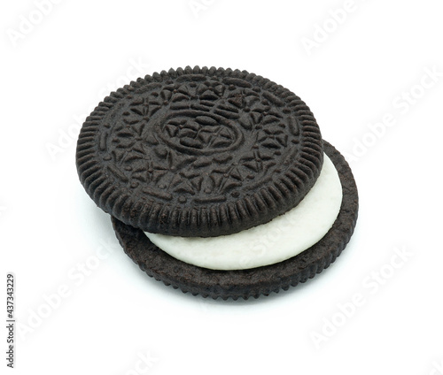 Stuffed cookie and cream flavor, Opened vanilla creme, Tasty sweet snack, Isolated on white background cut out with clipping path