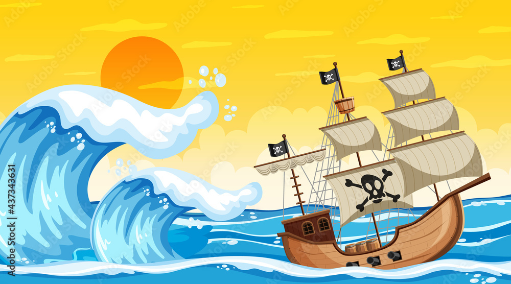 Ocean scene at sunset time with Pirate ship in cartoon style