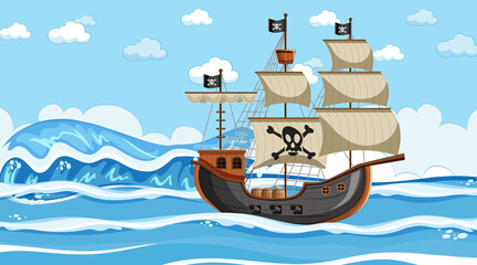 Wandcirkels Piraten Piratenschip op zee overdag  © brgfx