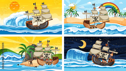 Set of different beach scenes with pirate ship and pirate cartoon character
