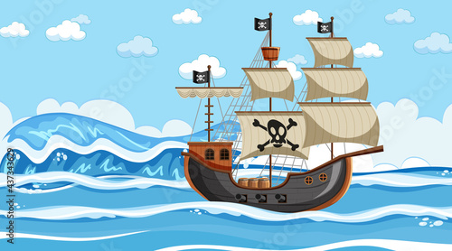 Ocean scene at day time with Pirate ship in cartoon style