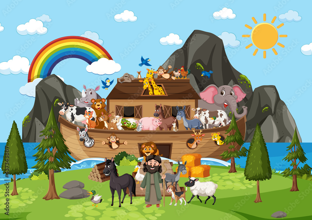 Outdoor nature scene with Noah's Ark with Animals Stock Vector | Adobe Stock