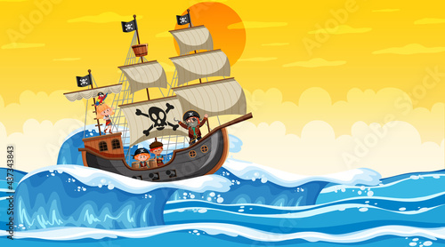 Ocean with Pirate ship at sunset scene in cartoon style